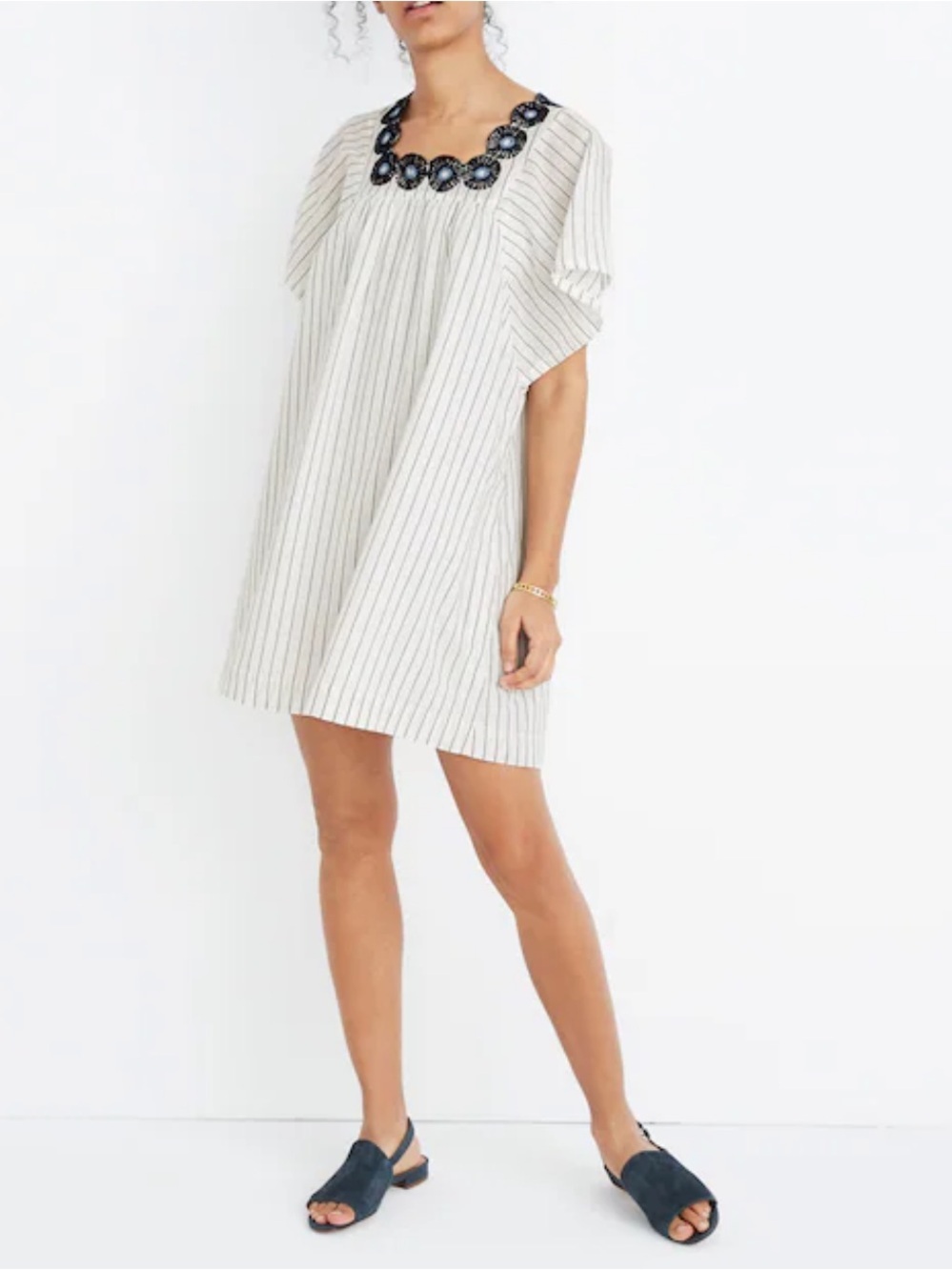 Madewell Embroidered Butterfly Dress Navy and White Stripe Cotton Mini Sz XXS
